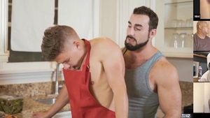 Gods Of Men: Nikki V beside Christopher Hamblin in the kitchen